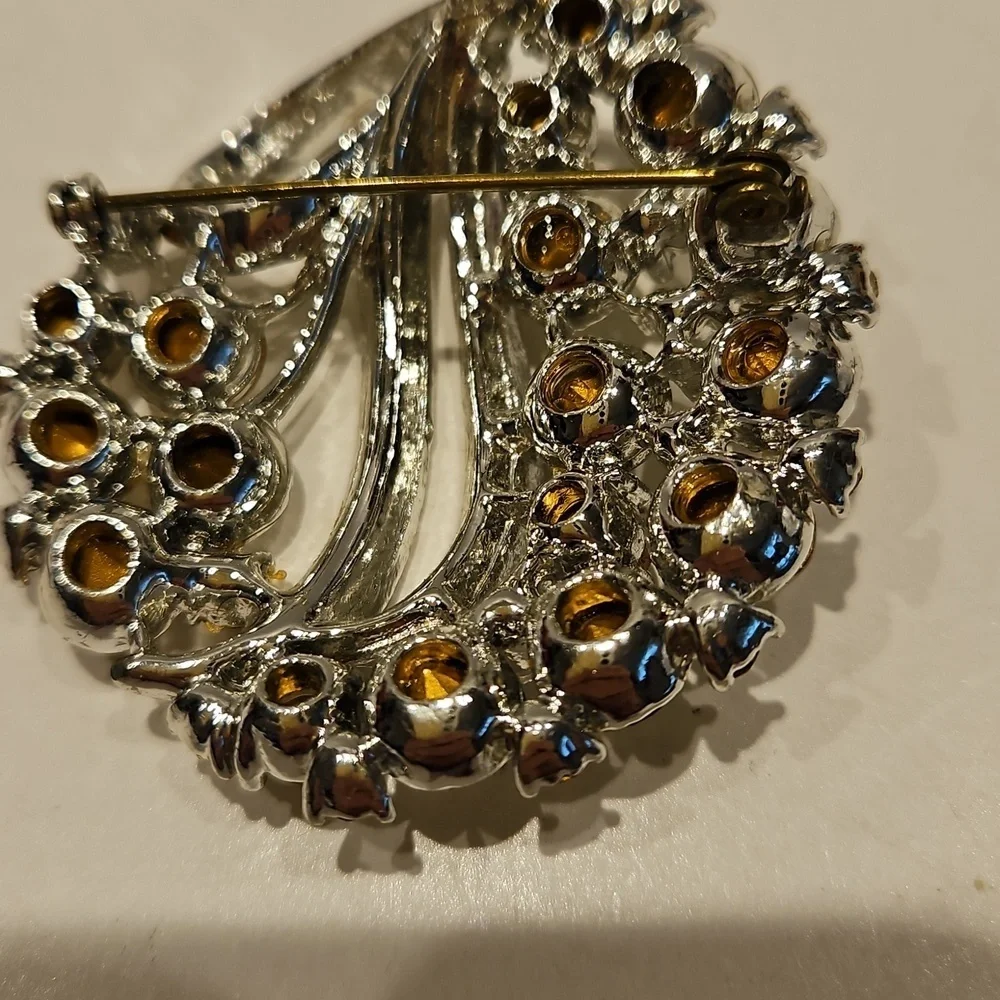 Clear & 1 Purple Rhinestone Silvertone Brooch